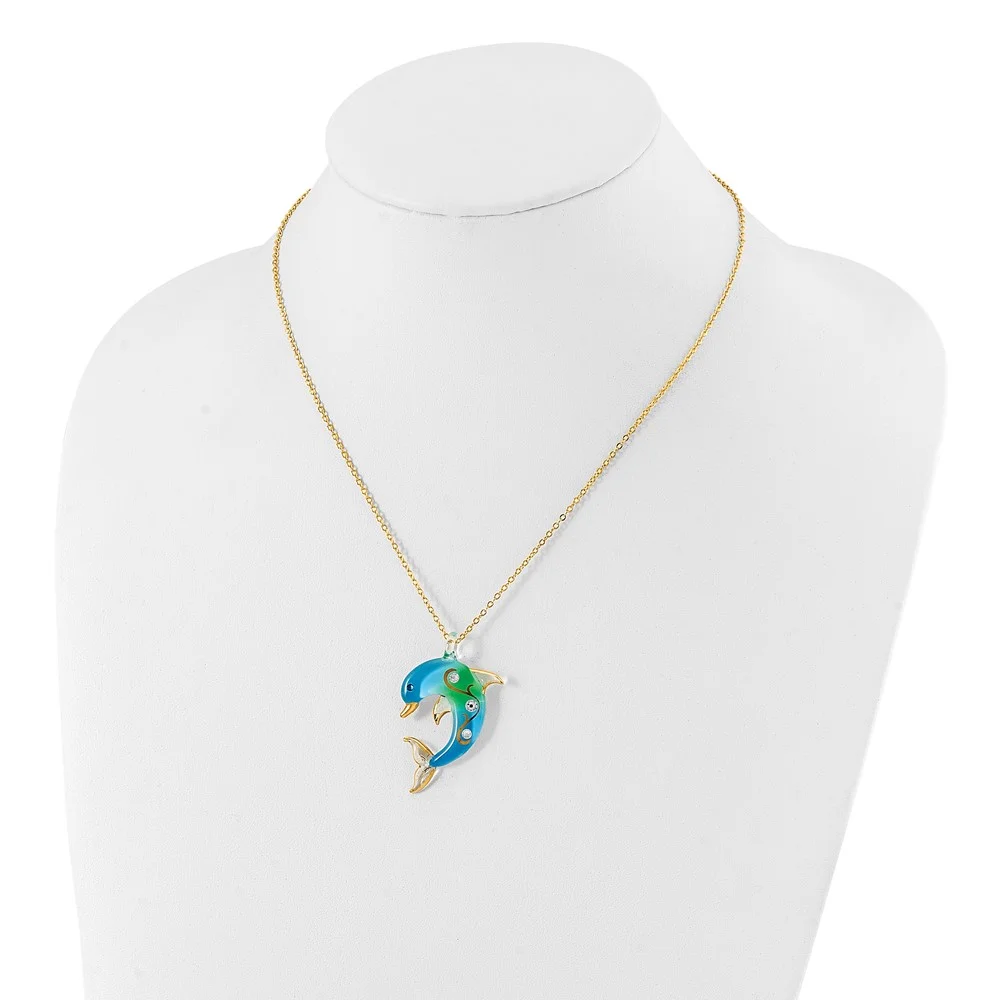Glass Baron 22K Gilding Accent Gold-trim Turquoise Glass with Crystal from Swarovski Accent Dolphin 18 inch Gold-tone Necklace QGM9398