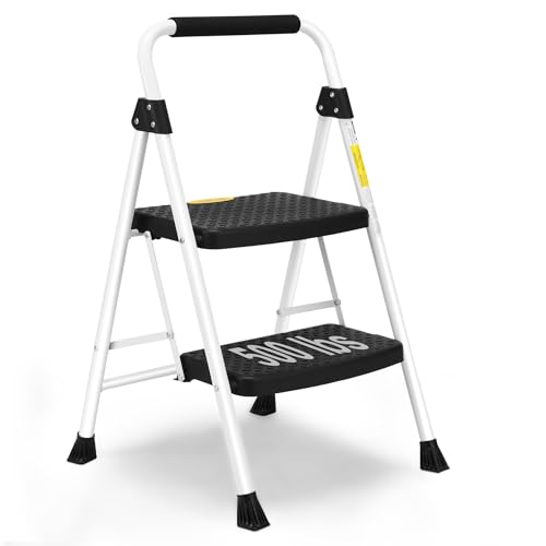 SocTone 3 Step Ladder, Folding Step Stool for Adults with Handle, Lightweight, Perfect for Kitchen& Household, 500lbs Capacity Sturdy Steel Ladder White