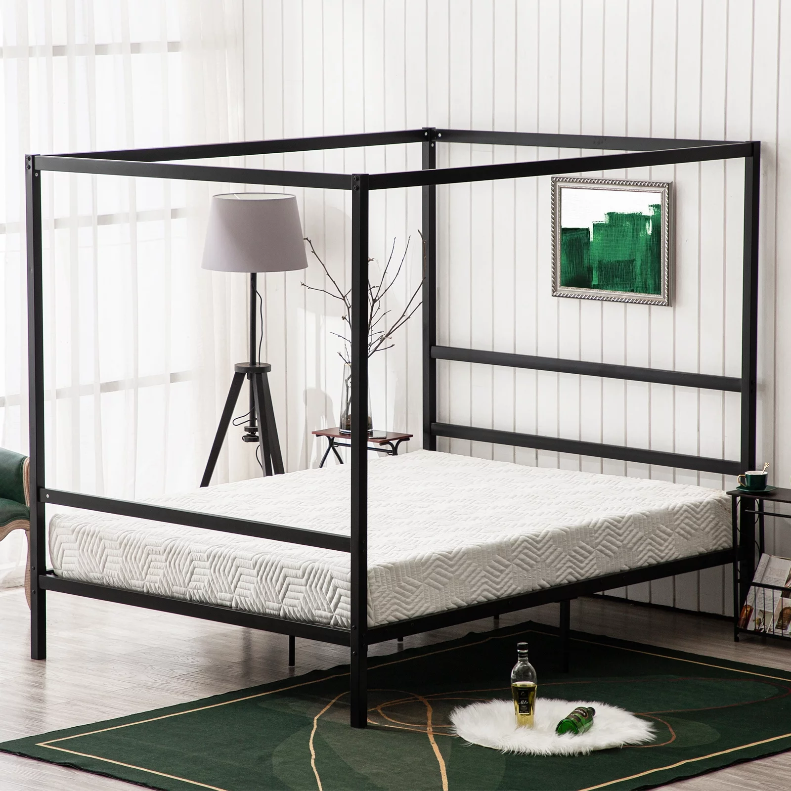 VINGLI Black Canopy Bed Frame Queen 4 Poster Bed Frame with Headboard,Queen Platform Canopy Bed Frame with Heavy Duty Steel Slat,No Box Spring Needed