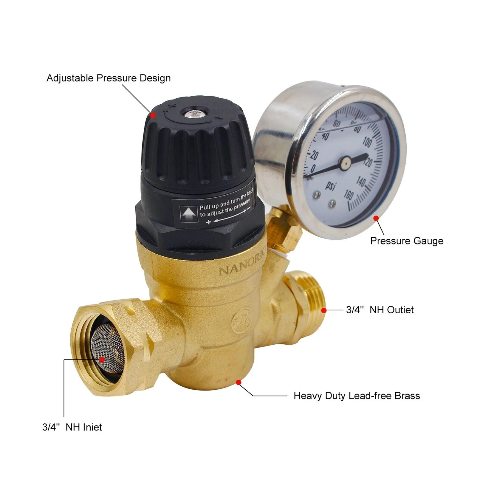 LIMICAR RV Water Pressure Regulator for RV Camper,Brass Lead-Free Adjustable RV Water Pressure Regulator with Gauge