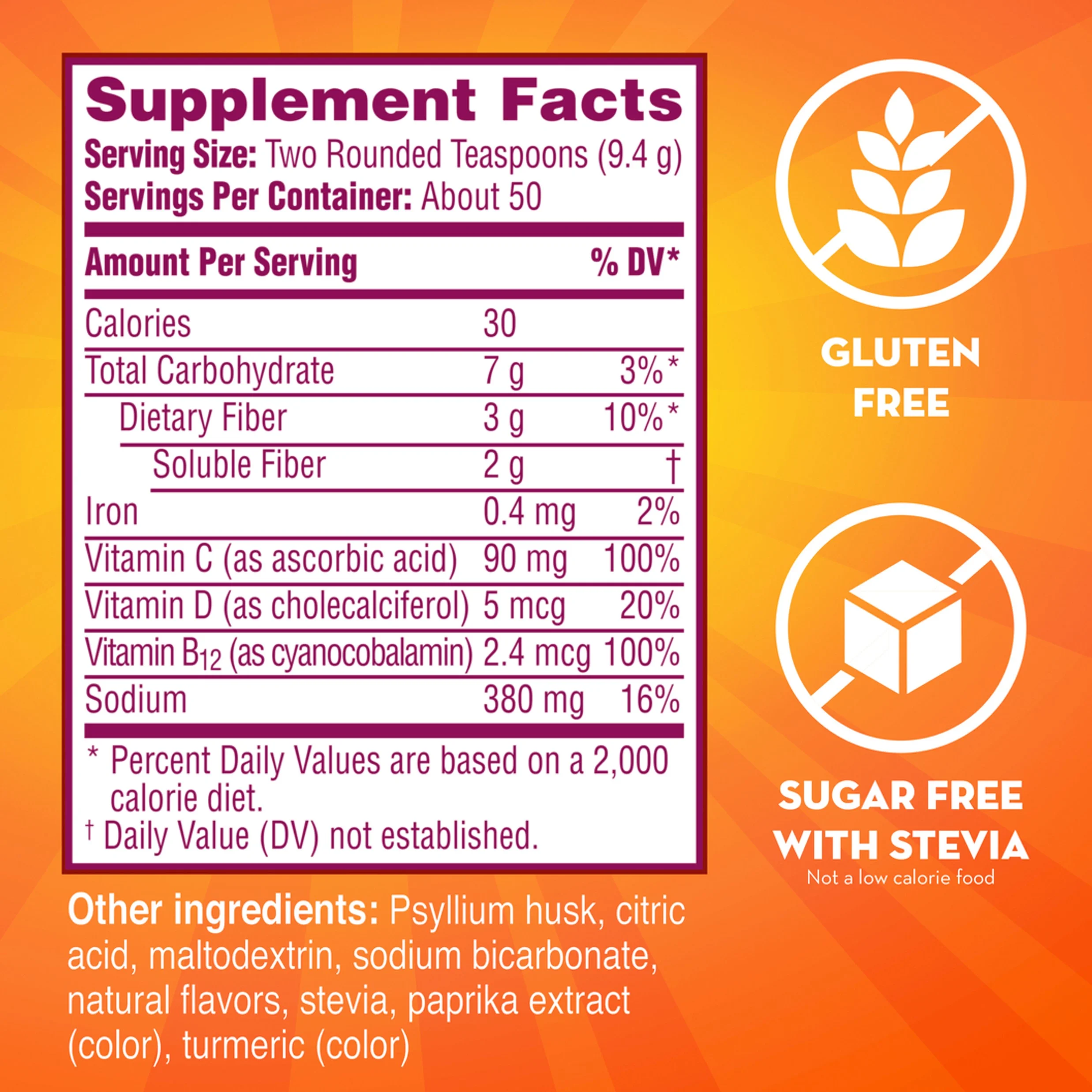 Metamucil Daily Fiber Supplement with Vitamins C, D & B12, Sparkling Fiber, Citrus, 50 Servings