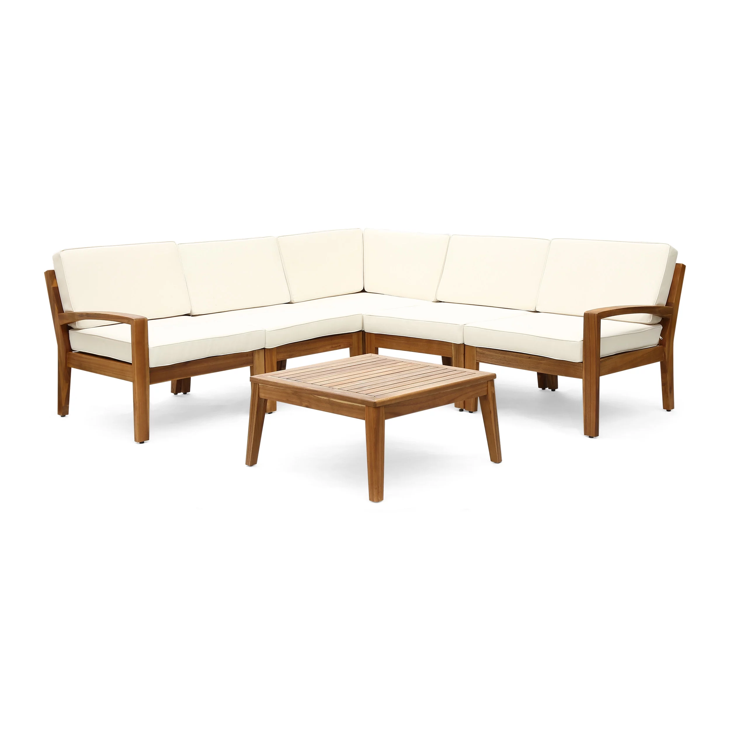 GDF Studio Parma Outdoor Acacia Wood 5 Seater Sectional Sofa Set, Teak and Beige