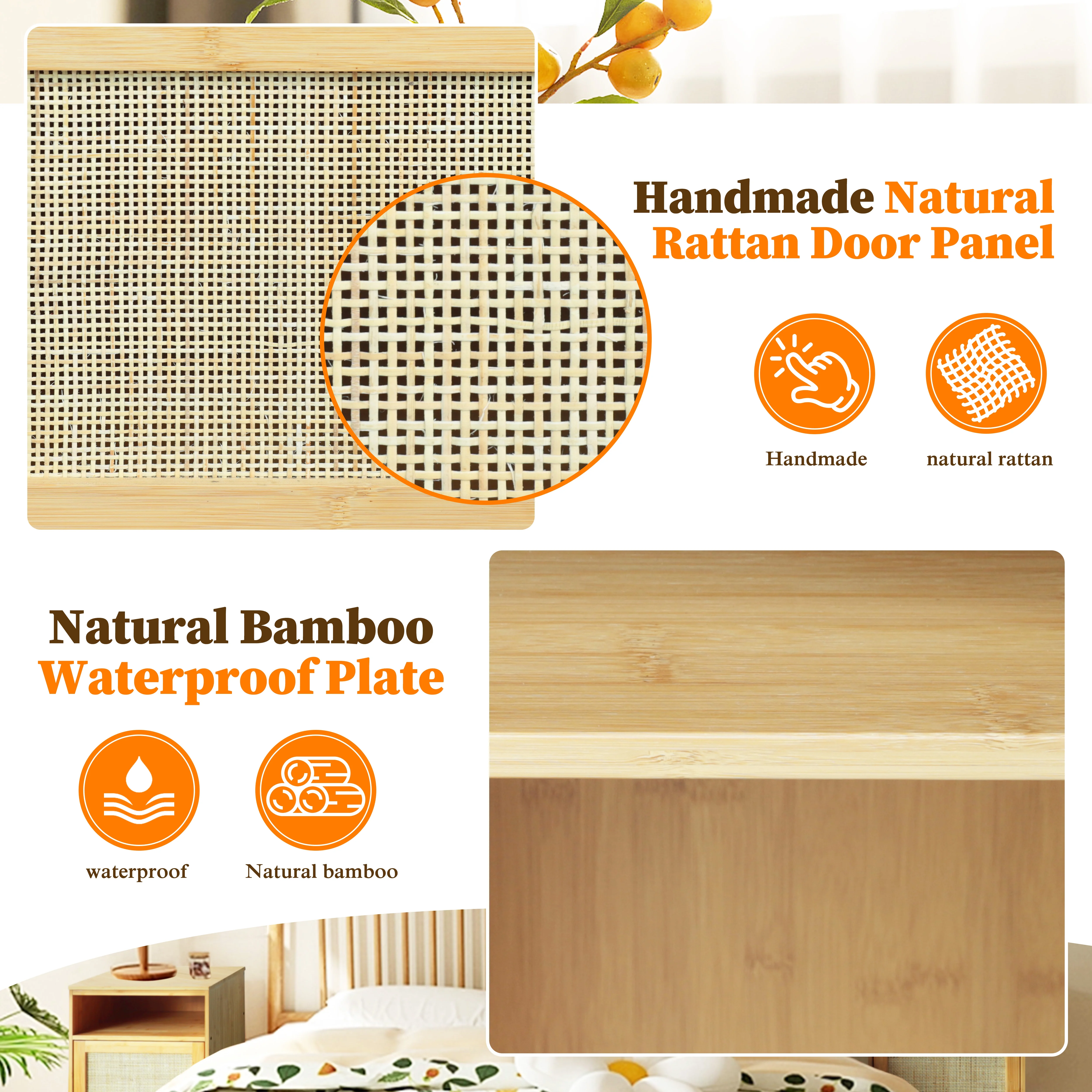 VEIKOUS Bamboo Nightstand Set of 2 w/ Waterproof Plate & Handmade Rattan Door, Multifunctional Beside Table for Bedroom