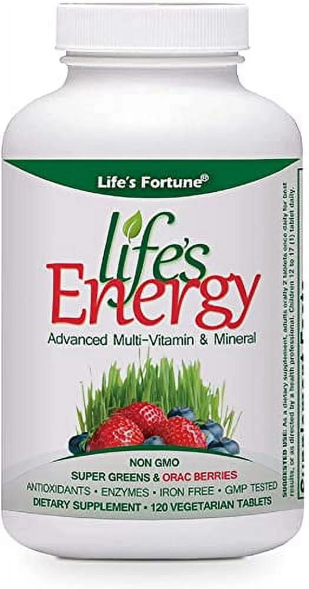 Life's Fortune Life's Energy Advanced Multi-Vitamin and Mineral Non-GMO - Super Greens - ORAC Berries - AntiOxidants - Enzymes - Iron Free - GMP Tested, 120 Veggi Tablets