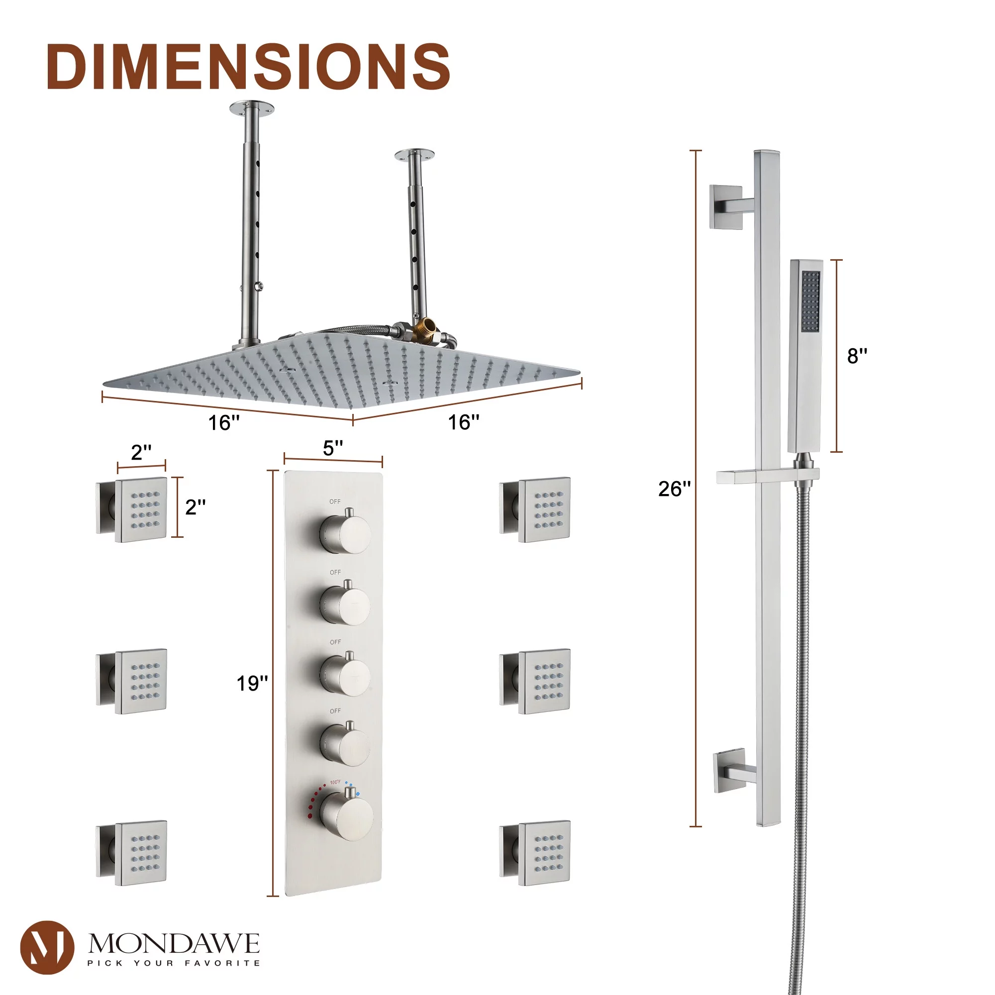 16 Inch Large Rain Shower System with 6 Body Spray, 4 Function Thermostatic Rain Showerhead Faucet with Handheld Combo Set