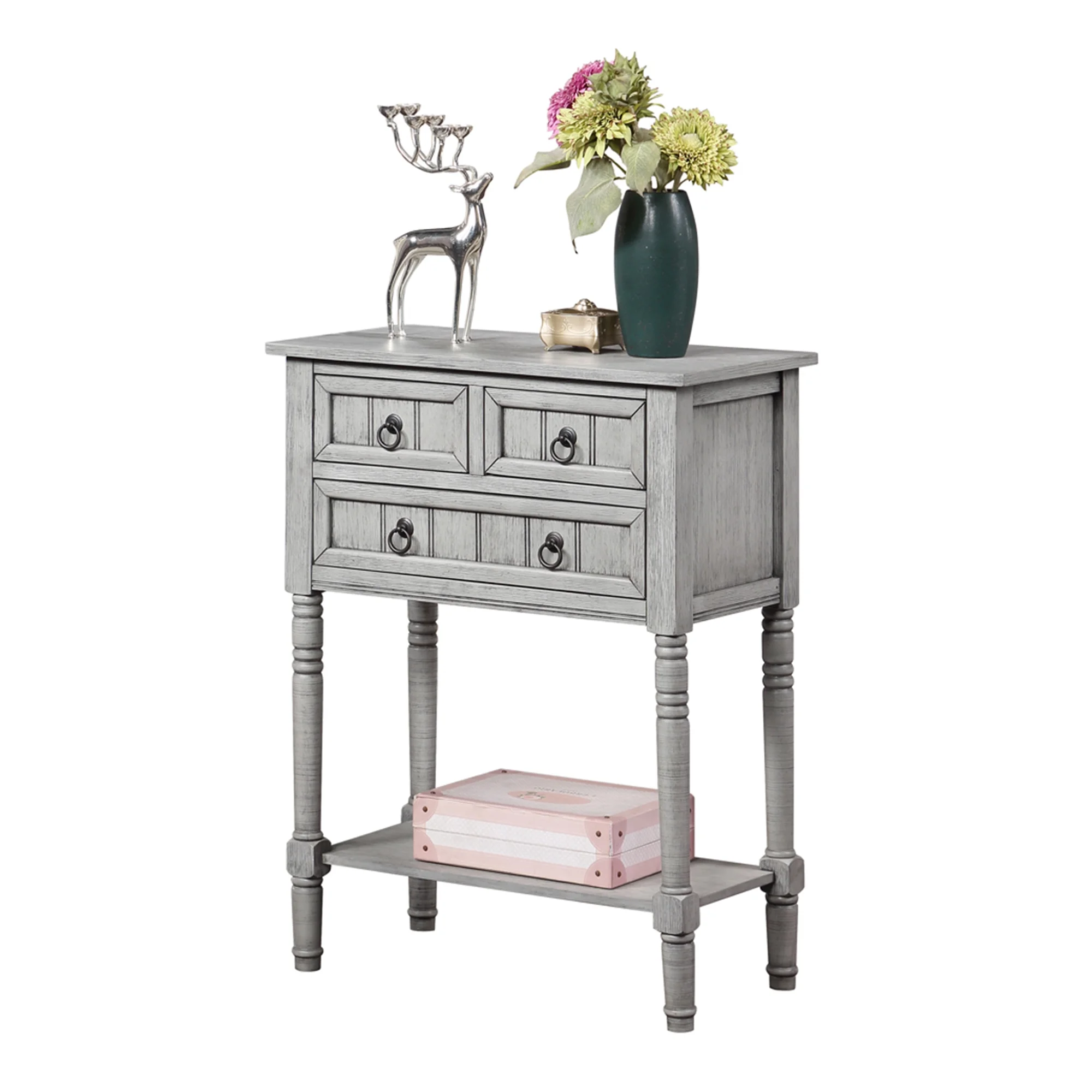 Covenience Concepts Kendra 3 Drawer Hall Table with Shelf, Wirebrush Light Gray