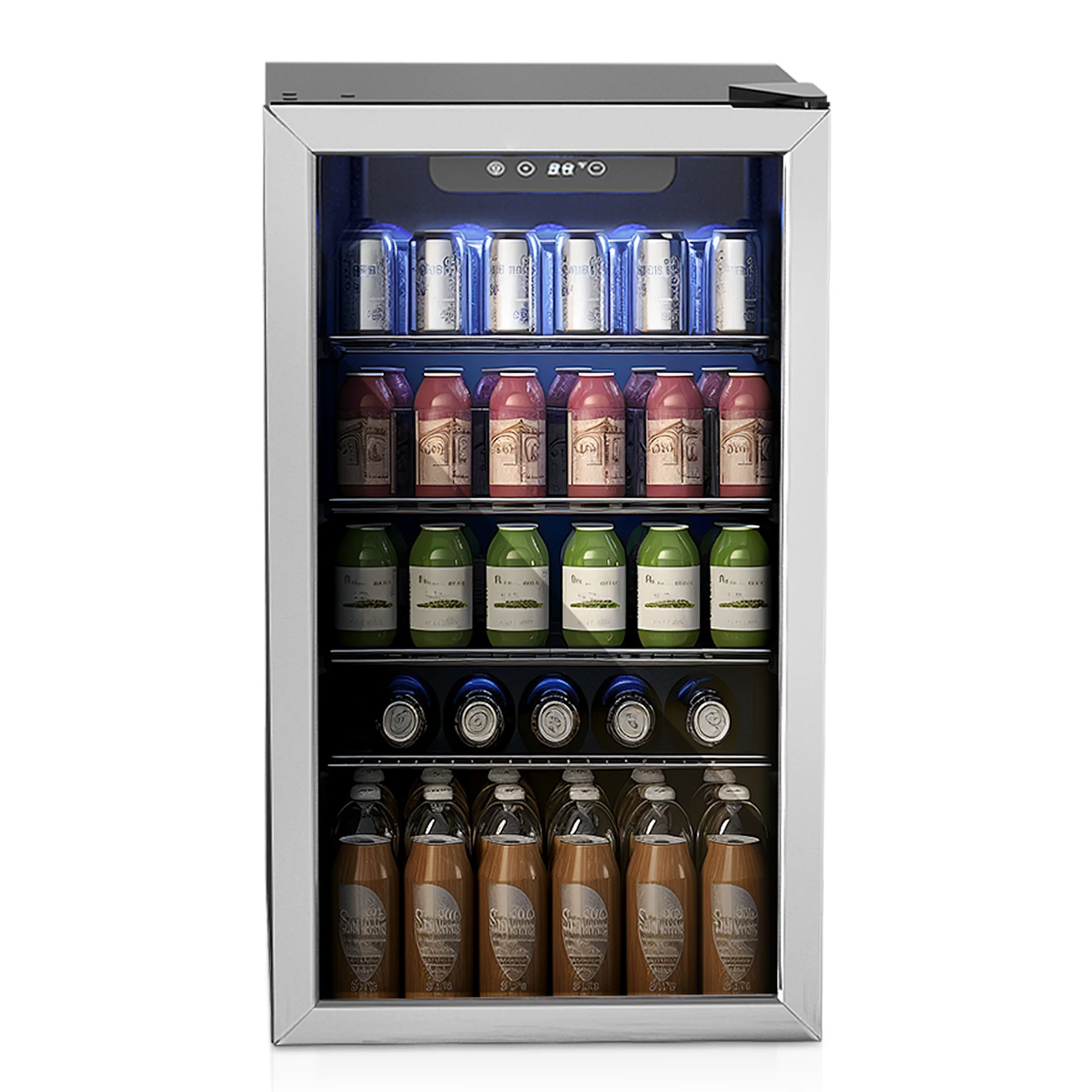 Simzlife 126 Can Beverage Refrigerator and Cooler with Glass Door for Home, 17.5 in D, 31.5 in H, Silver