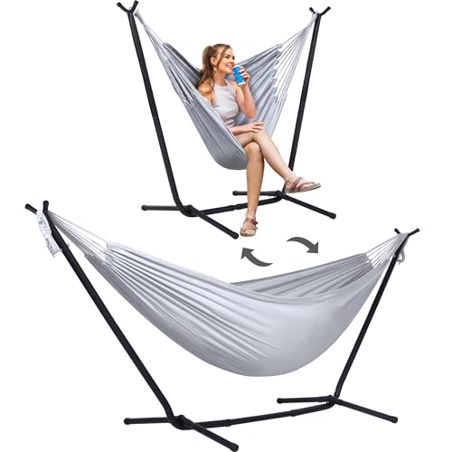 SUNCREAT 2-in-1 Hammocks Hammock Chair with Stand, 475 lbs Capacity, Heavy Duty Two Person Hammock with Stand, Patent Pending, Blue Stripe