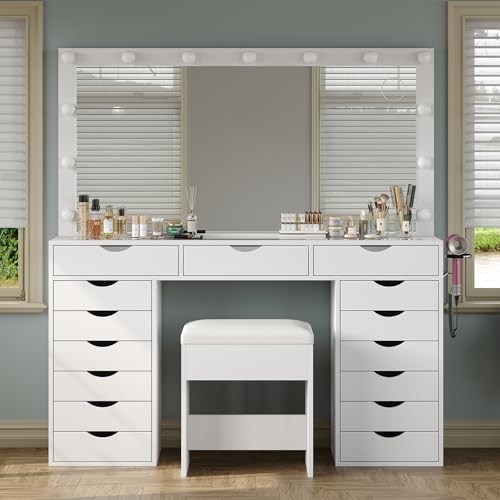 Vanity Desk with Mirror and Lights, Makeup Table with Charging Station, 3 Color Lighting Modes, 15 Drawers Dressing Table, Vanity with Chair for Bedroom, White