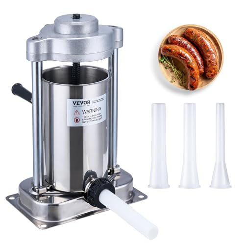 VEVOR Manual Sausage Stuffer, 7 L / 15 LBS Vertical Sausage Machine, Dual-Speed Meat Stuffer, Made of Food-Grade 304 Stainless Steel, Includes 5 Stuffing Tubes, for Home Kitchen Restaurant Commercial