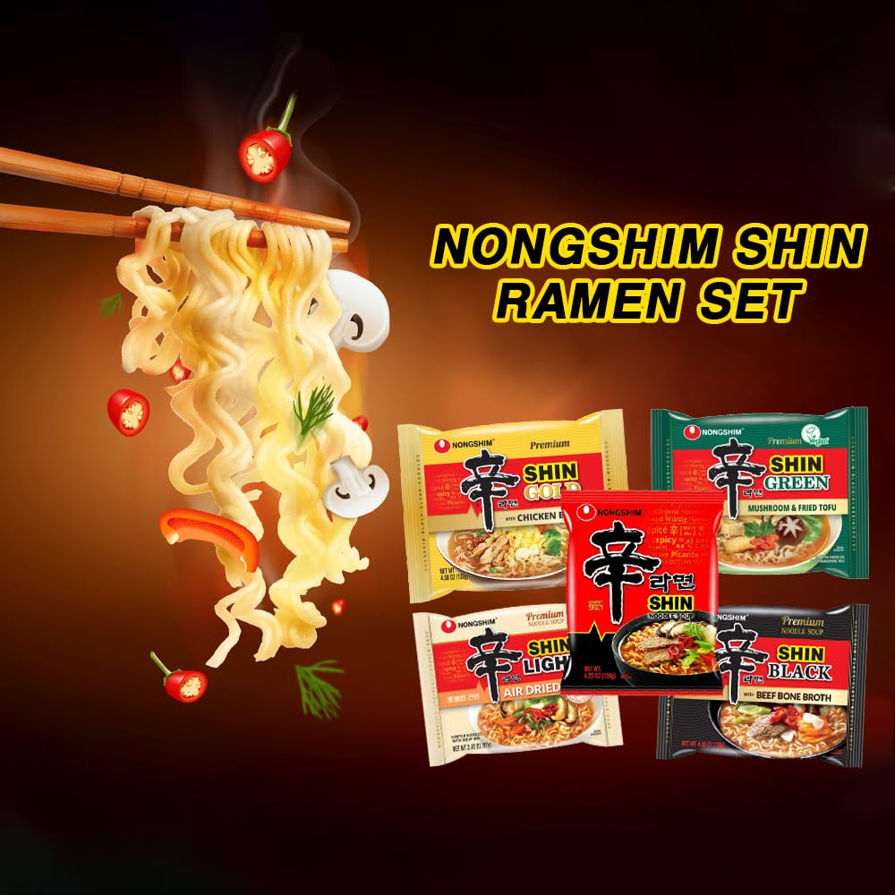 BOX OF LIFE Nongshim Gourmet Spicy Shin Instant Ramen Noodle 5 Flavor Combo (Shin Ramen, Shin Black Ramen, Shin Light Air Dried Noodle, Shin Ramen Green Mushroom&Fried Tofu, Shin Ramen Gold with Chicken Broth) Korean Ramen Set