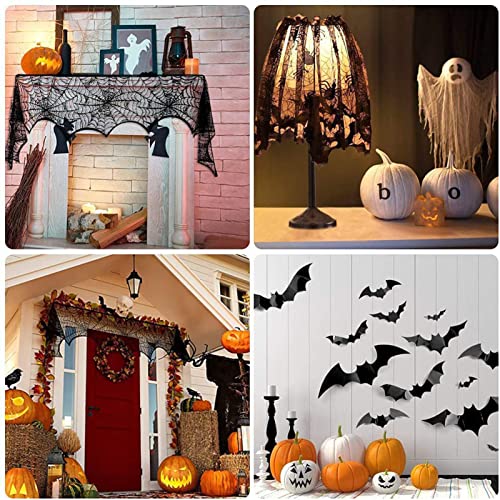 Halloween Decorations Sets,Fireplace Mantel Scarf,Round Spider Table Cover,Lace Table Runner and Cobweb Lampshade,80 Pcs 3D Bat for Party Decors