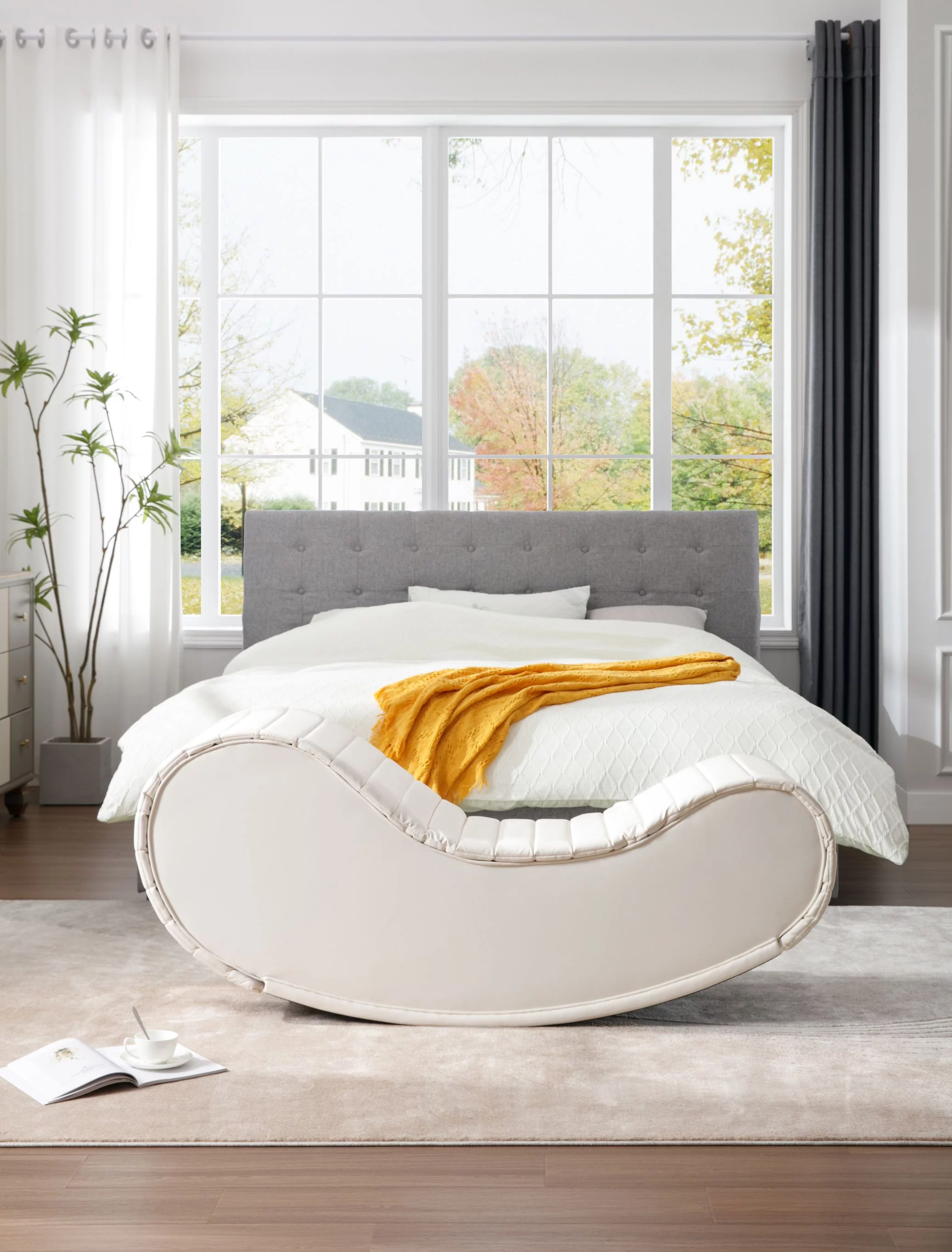 CoSoTower Rocking Leisure Bench,Relax Yoga Chaise, Modern Faux Leather Curved Sofa, Upholstered Yoga Chaise for Living Room Bed Room,Decompression Chair,White & Black