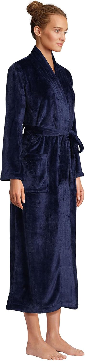 Lands' End Womens Cozy Plush Long Wrap Robe Deep Sea Navy Regular Small