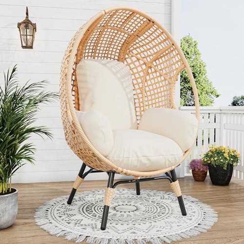 Oversized Wicker Egg Chair Outdoor Indoor,Patio Lounge Chair with Thicken Cushions, Egg Basket Chair 500lbs Capacity for Garden, Backyard, Porch,Bedroom (Beige-gezi, 1pcs)