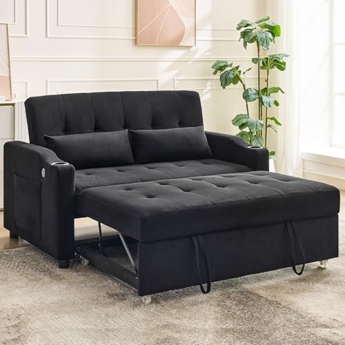 GarveeHome 3 in 1 Convertible Sleeper Sofa Bed, Corduroy Futon Couches with Pull-Out Bed, Adjustable Backrest, Charging Port & Side Pockets, Modern Upholstered Sofa for Living Room, Guest Room