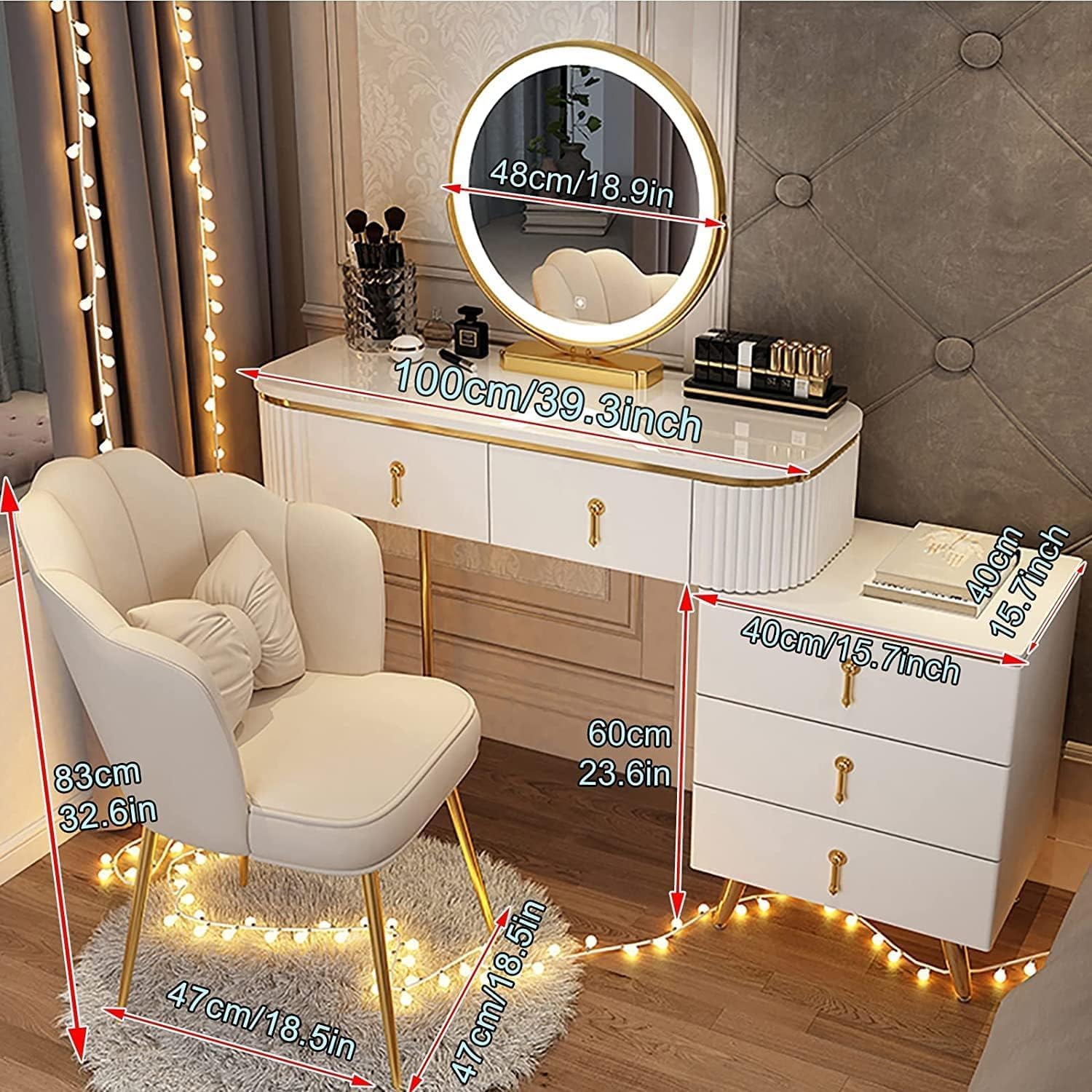 Vanity Table Vanity Desk Modern Vanity Desk with Mirror Dressing Table 5 Drawers Nightstand with Stainless Steel Legs Vanity Table with Back Chair Gorgeous
