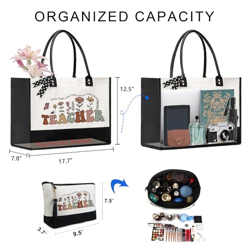 BeeGreen Mother's Day Gifts Personalized Women's Large White and Black Canvas Tote Bag, Embroidered Initials, Leather Handle, Zipper Closure