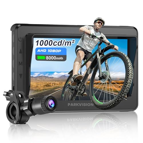 PARKVISION Handlebar Bike Mirror, Bicycle Rear View Camera with Anti-Glare Sunshade, 4.3'' HD 1080P Monitor, 8000mah Battery, 120° Wide Angle View, Bike Camera for Mountain,Ebike,Road Bike