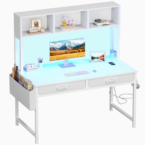 Black Gaming Desk with Hutch and Shelves - Gaming Computer Desk with 2 Storage Drawers, LED Light and Power Outlets, 47 Inch Working Modern Writing Study Desks for Bedroom Home Office