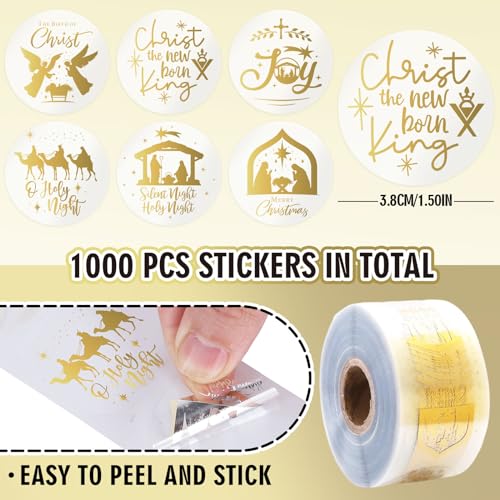 1000Pcs Clear Christmas Stickers Roll Gold Foil Nativity Scene Stickers Xmas Winter Holiday Round Adhesive Label Sticker Decal for Xmas Envelopes Invitations Cards Gifts Decor, 6 Designs
