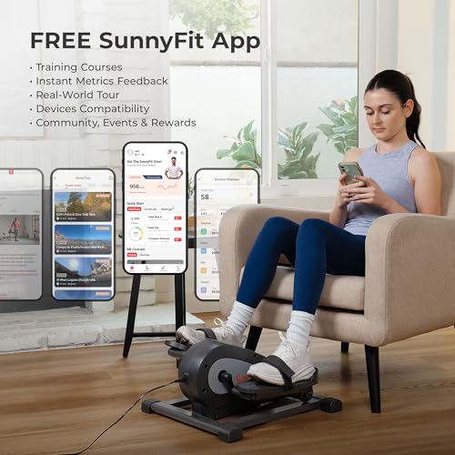 Sunny Health & Fitness Smart Mini Elliptical Trainer, Indoor Under-Desk Pedal Exerciser for Mobility & Cardio Workout, Free SunnyFit App Connection, Optional Motorized w/Remote Control