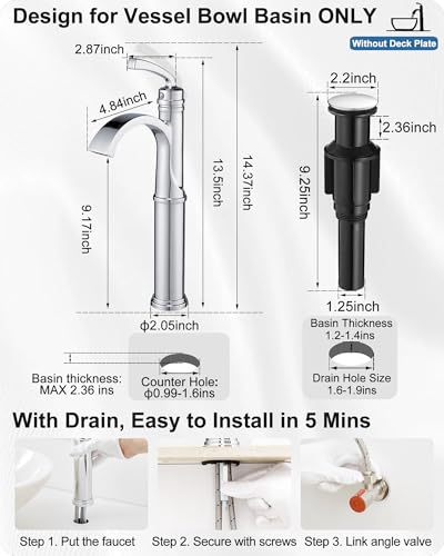 Vessel Sink Faucet, Oil Rubbed Bronze Waterfall Bathroom Sink Faucets, Brass Tall Bathroom Faucet Vanity Faucet 1 Hole Restroom Faucet Single Handle with Pop-up Drain Supply Hose