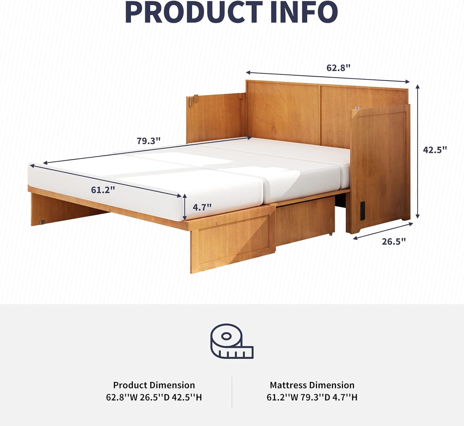 Multifunctional Murphy Cabinet Bed with Built-in USB Power Strip& 2 Drawers, Foldable Platform Bed - Cherry