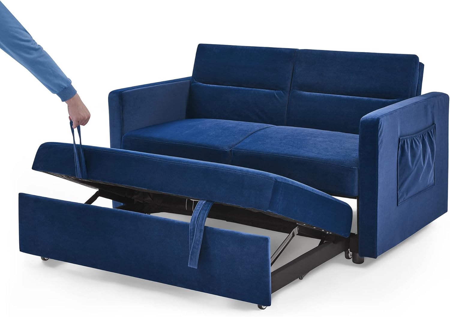 3-in-1 Multi-Functional Convertible Sofa Bed, Comfy Upholstered Sleeper Loveseat Futon Couch Pull, Chaise Lounge with Adjustable Backrest Sofabed, Blue 54.5