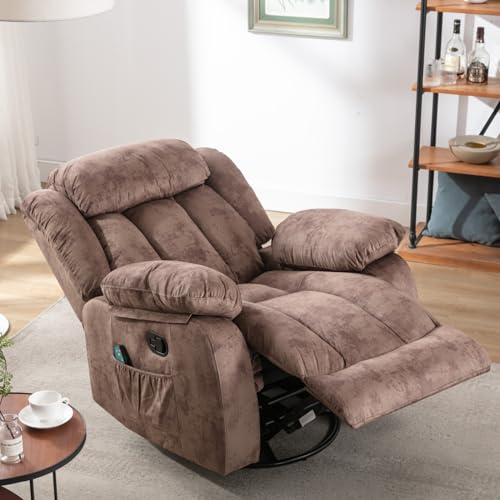 INZOY Massage Swivel Rocker Recliner with Heat and Vibration, Manual Rocking Recliner Chair with Vibrating Massage, Comfy Padded Overstuffed Soft Fabric Heated Recliner, Brown