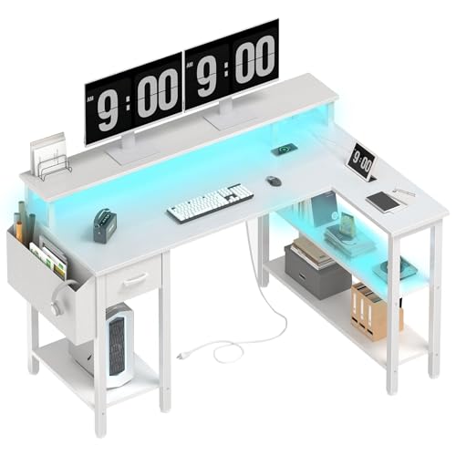 Lufeiya L Shaped Gaming Desk with Fabric Drawers and Storage Shelves, 47 inch Home Office Desk with Monitor Stand, Computer Desk with LED Lights and Power Outlets, Black