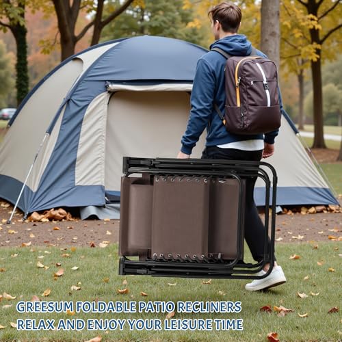 Greesum Zero Gravity Chairs Set of 2 Adjustable Steel Mesh Recliners Beach Deck Lawn Camping Patio Foldable Lounge Chair with Cup Holder Trays and Pillows,Brown