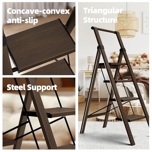 HillhutApex 3 Step Foldable Aluminum Step Ladder with Handgrip, Anti-Slip Pedal, 330 lbs Capacity, Lightweight & Portable for Home, Kitchen, Office, Garage (Gold)