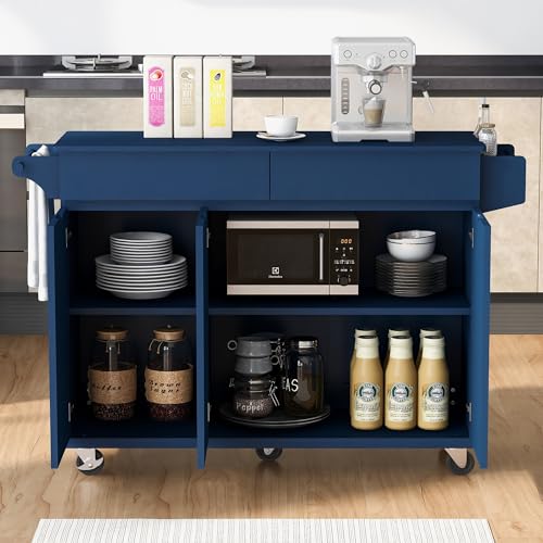 55.7'' Large Kitchen Island with 2 Drop Leaf, Rolling Kitchen Cart on 5 Wheels with Power Outlet, Folding Storage Dining Table with Spice & Towel Rack, 3 Drawers, for Kitchen, Dining Room
