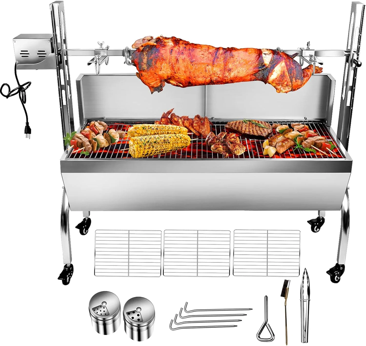 176LBS Stainless Steel Rotisserie Grill with Back Cover Guard, 25W Motor Small Pig Lamb Rotisserie Roaster, 37'' 2 in 1 BBQ Charcoal Rotisserie Grill for Camping Outdoor Kitchen