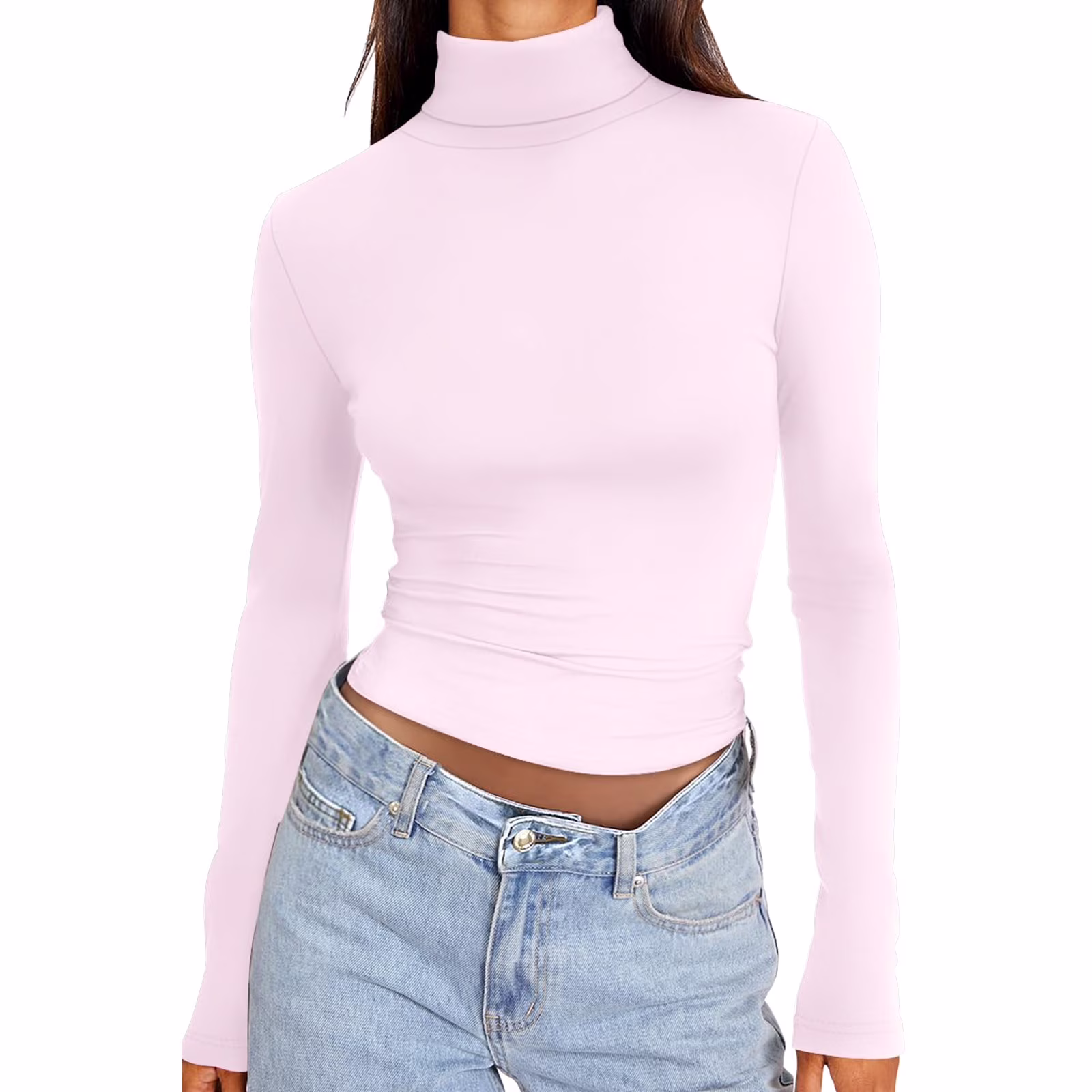Long Sleeve Shirts for Women V Neck Womens Long Sleeve Turtleneck Crop Tops Basic Slim Fitted Going Out T Shirts Winter Clothes Z0B-Pink, S