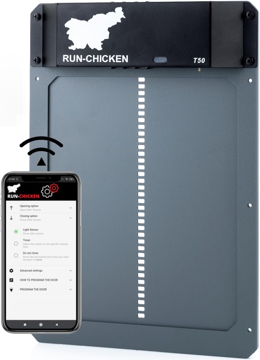RUN-CHICKEN Door (Gray) Automatic Chicken Coop Door, Programmable with App, Battery Operated, Evening and Morning Delay, Aluminum Door, Electric Chicken Run Door, Model T50