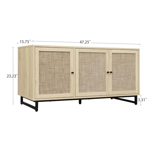 Rattan Sideboard Buffet Cabinet, 2 Tier Rattan Storage Cabinet with 3 Doors & Metal Legs,Wood Shoe Cabinet Storage,Accent Console Table Cabinet for Living Room Kitchen Hallway Entryway