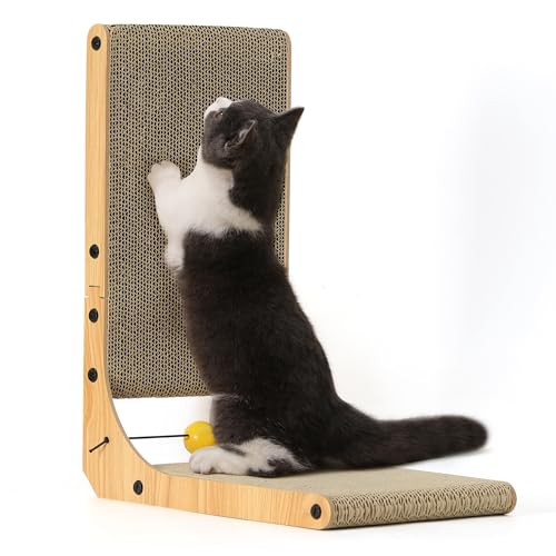 FUKUMARU Cat Scratcher, 26.8 Inch L Shape Cat Scratch Pad Wall Mounted, Cat Scratching Cardboard with Ball Toy for Indoor Cats, Large Size