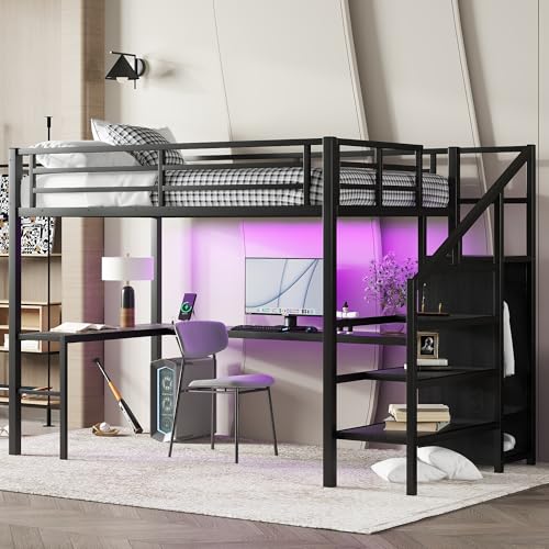 Full Size Metal Loft Bed with Desk and Wardrobe,Heavy Duty Loft Bed Frame with Storage Stairs and LED Lights for Kids,Teens,Adults,Space Saving,Black