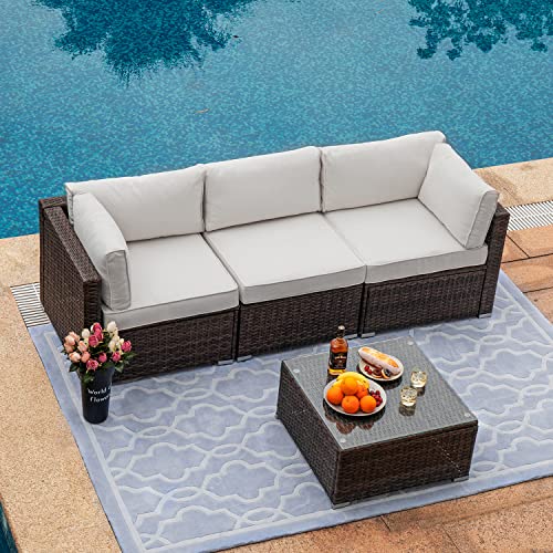 COSIEST 9 Piece Propane Firepit Table Wicker Sectional Sofa,Chocolate Brown Patio Set w 40.5-inch Round Bronze Fire Table (50,000 BTU), Wind Guard and Tank Outside (20lb) for Garden,Pool,Backyard