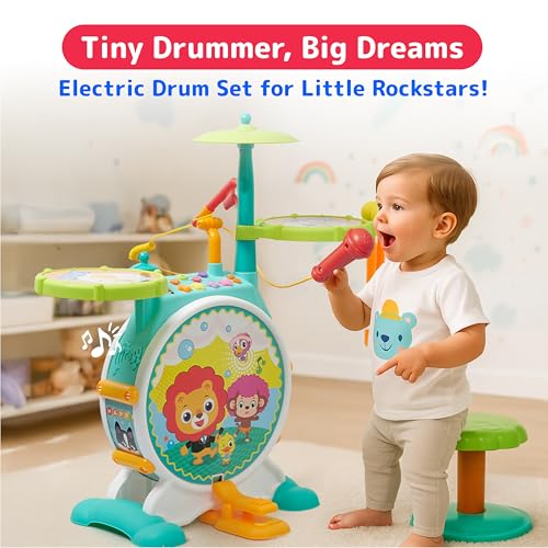 Prextex Electric Toy Drum Set with Realistic Sound - Plastic Musical Instrument for Kids - Baby Drum Toy with Cymbal - Stimulates Creativity and Motor Skills - Multicolor - Set of 9