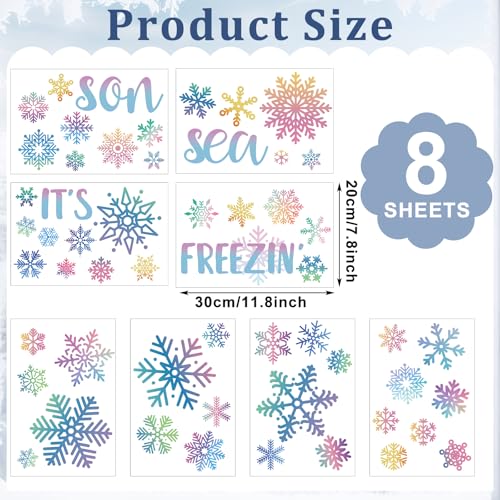 Gueevin 8 Sheets Winter Snowflake Window Clings Pastel Christmas Window Clings Iridescent Winter Decals with Static Cling Stickers for Seasonal Home Fridge Holiday Party Decorations