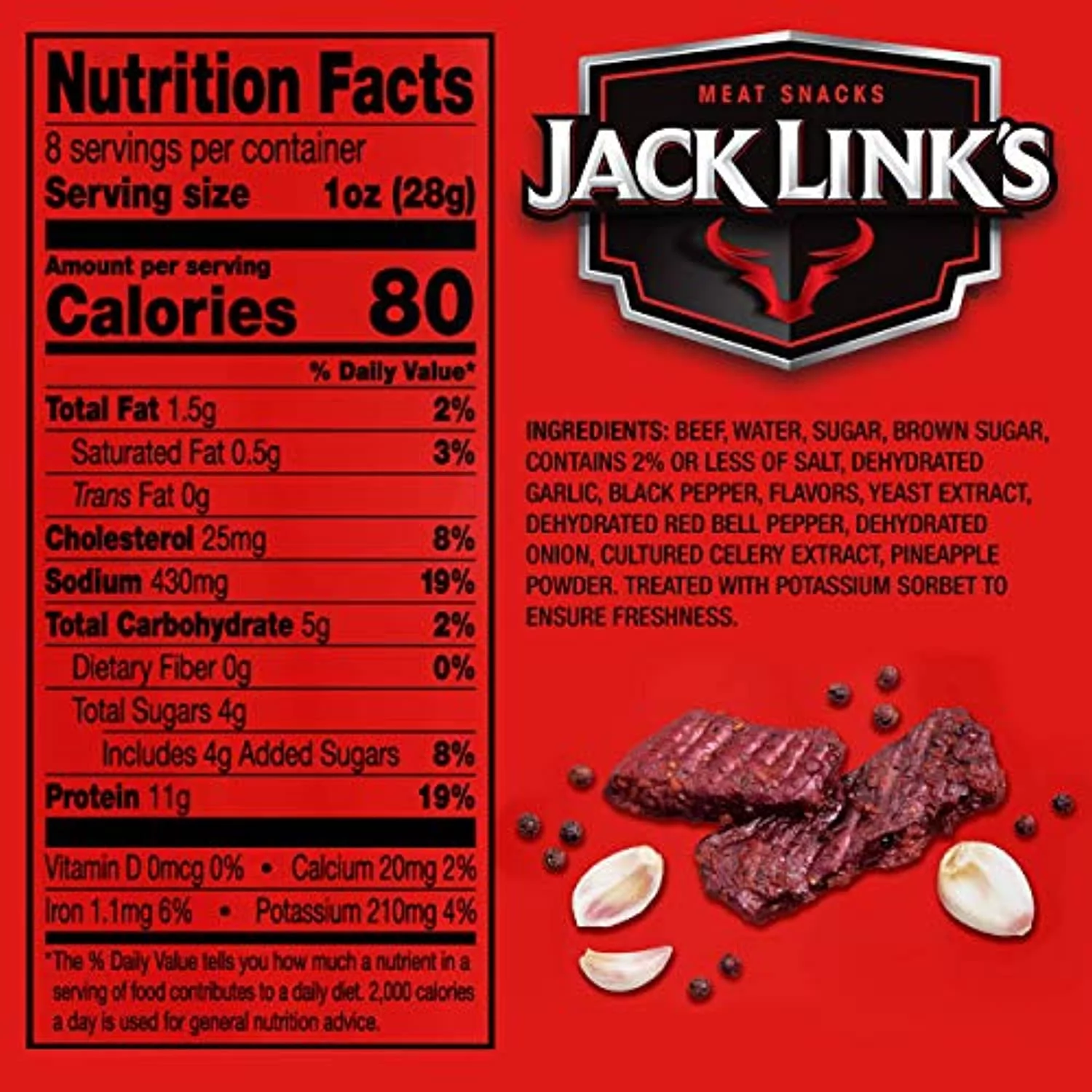 Jack Link s Steak Strips, Beef Jerky, Cracked Pepper & Garlic, Snack Bags, Thick Cut Protein Snacks, Ready To Eat - 11g of Protein, 80 Calories per Serving, Made with Premium Beef, 8 Oz (Pack Of 2) Cracked Pepper & Garlic 8 Ounce (Pack of 2)