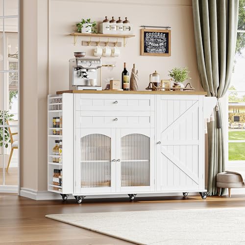 FINETONES Kitchen Island with Storage, Rolling Kitchen Island on Wheels with Wood Drop Leaf Countertop, Island Table Bar Cart with Spice Towel Rack Portable Kitchen Table Kitchen Carts on Wheels