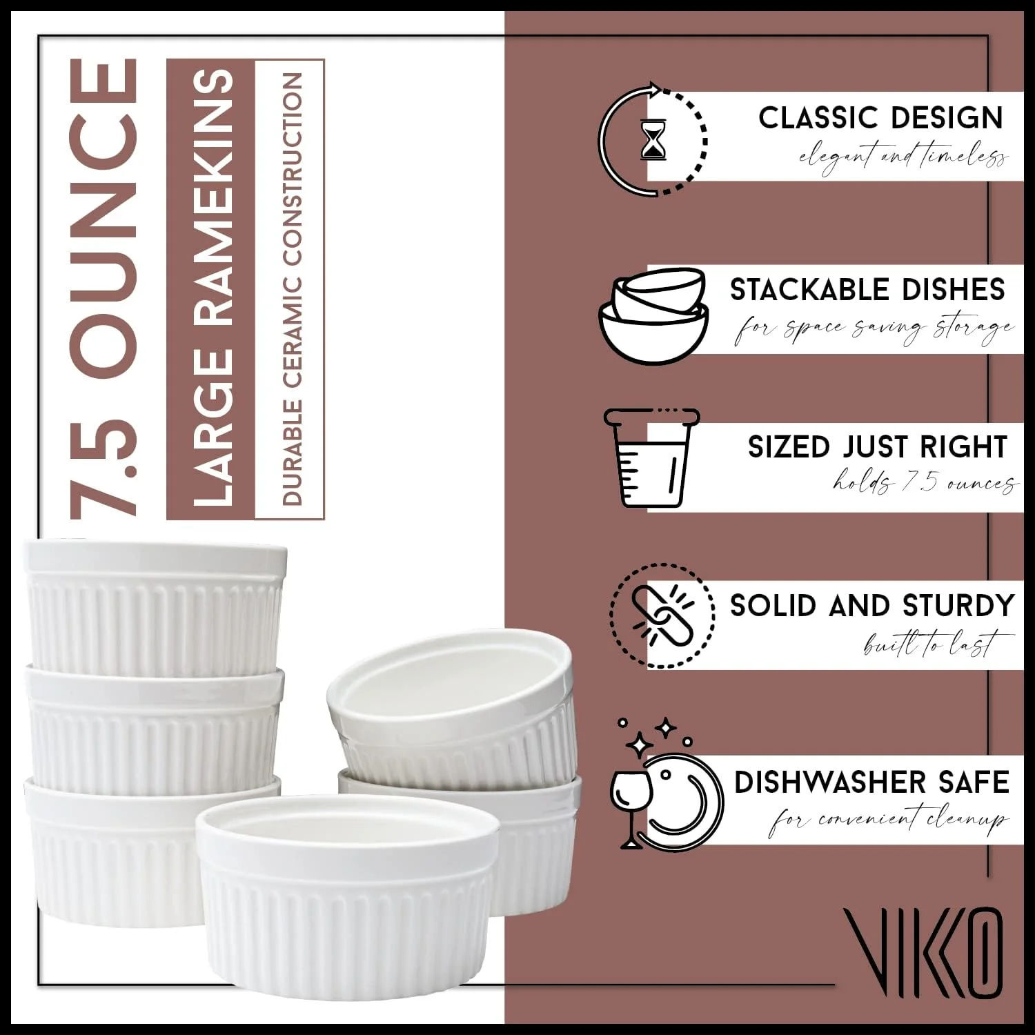 White Ramekin, Set Of 6 Fine Porcelain Ramekins, Stackable 4 Inch Bowls, 7 Ounce Dips Dish, Dishwasher Safe