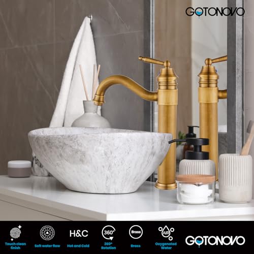 gotonovo Bathroom Vessel Sink Faucet Single Handle Brass Long Reach Bathroom Faucet 1 Hole Deck Mounted Mixer Tap with Pop Up Drain Brushed Nickel