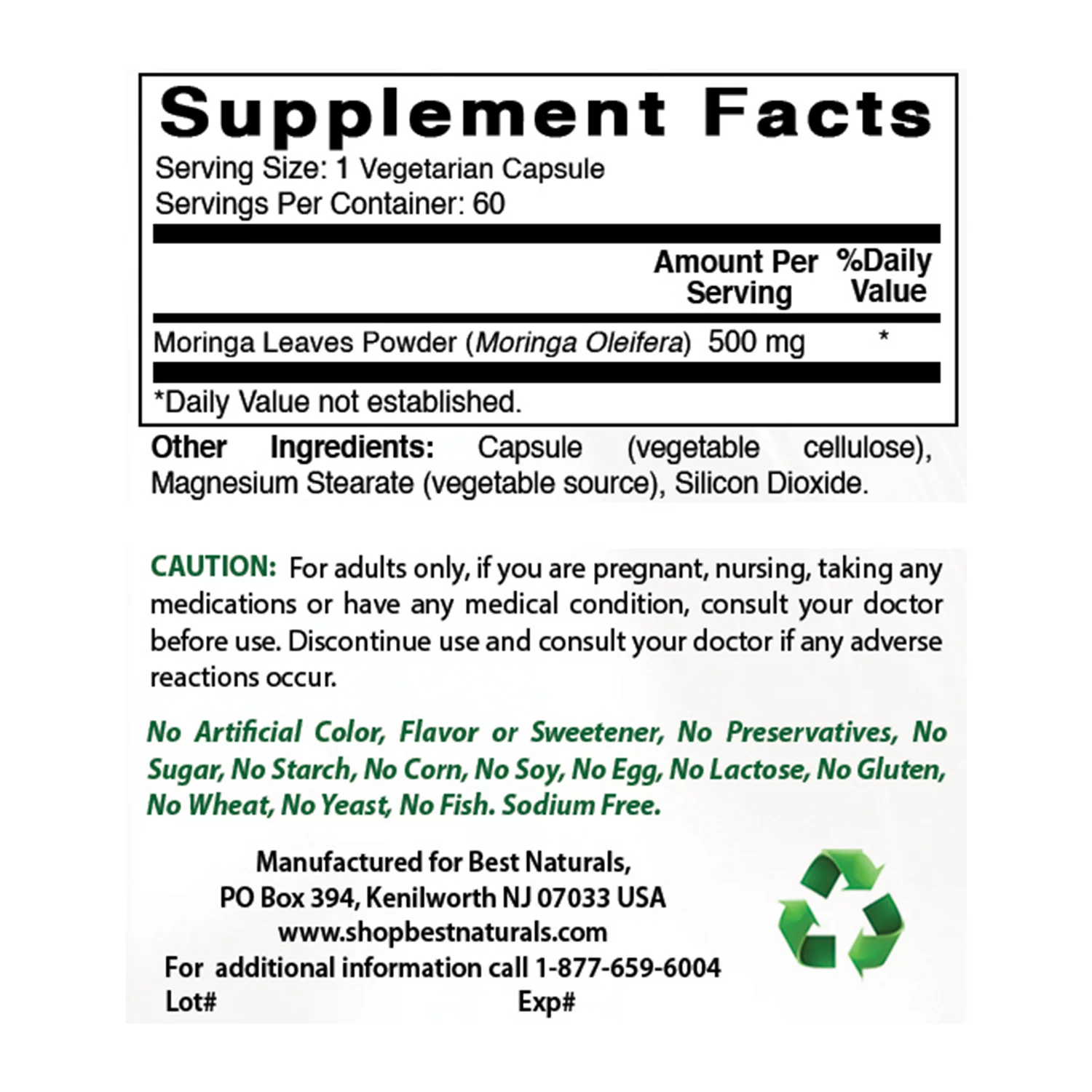 3 Pack Best Naturals Moringa 500 mg 60 Vegetarian Capsules