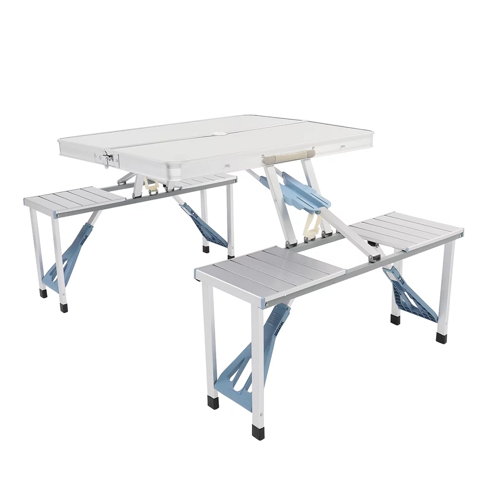 One Piece Folding Table and Benches Set Aluminum Height Adjustable Camping Table Portable Picnic Dining Table Lightweight Folding Card Table w/Handle for Indoor Outdoor Patio Backyard Party