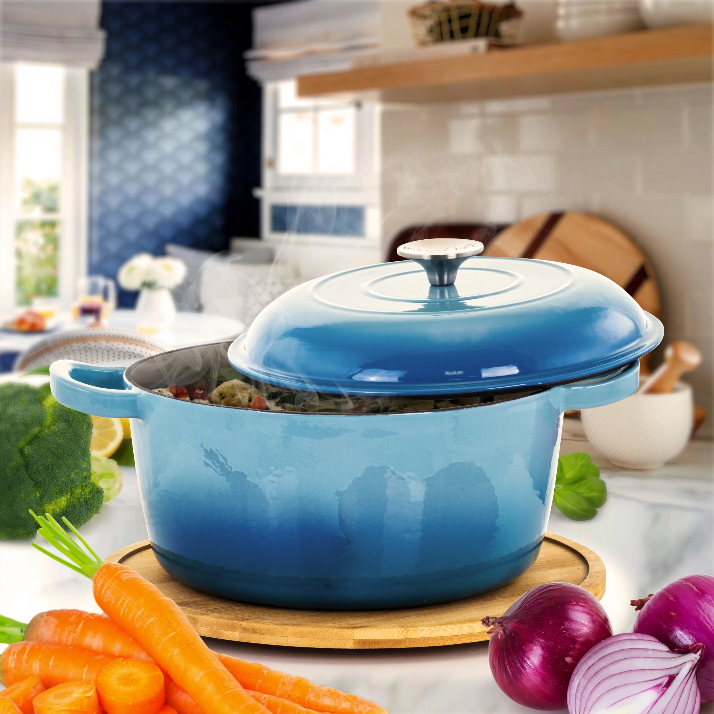 MegaChef 5 Quarts Round Enameled Cast Iron Casserole with Lid in Blue
